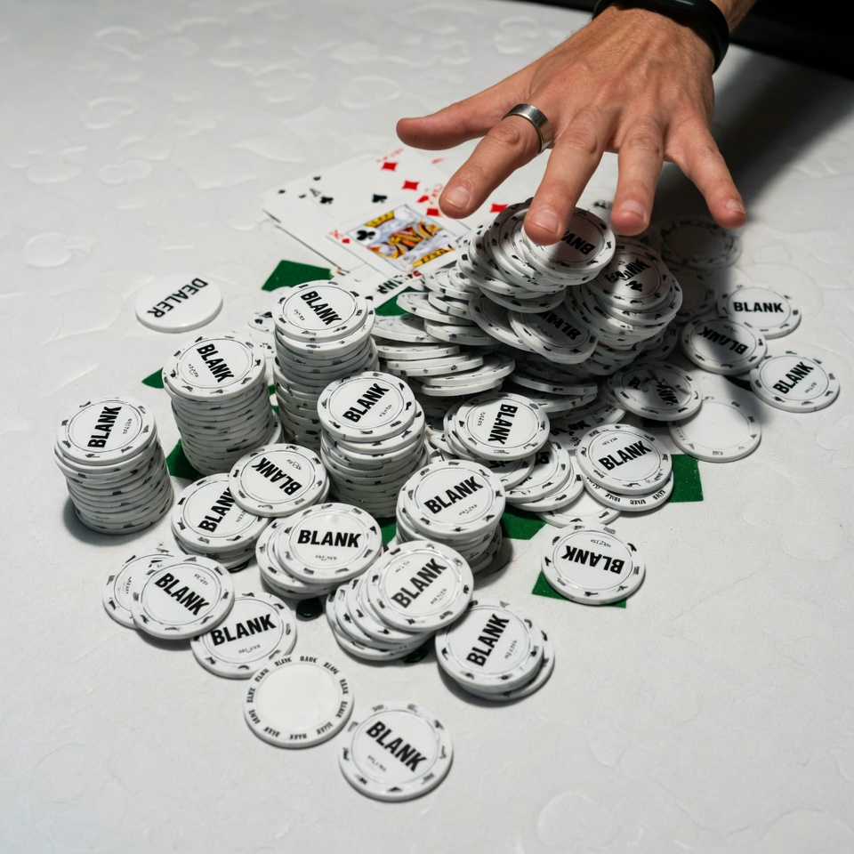 Hand reaching for a pile of BLANK poker chips on a table.